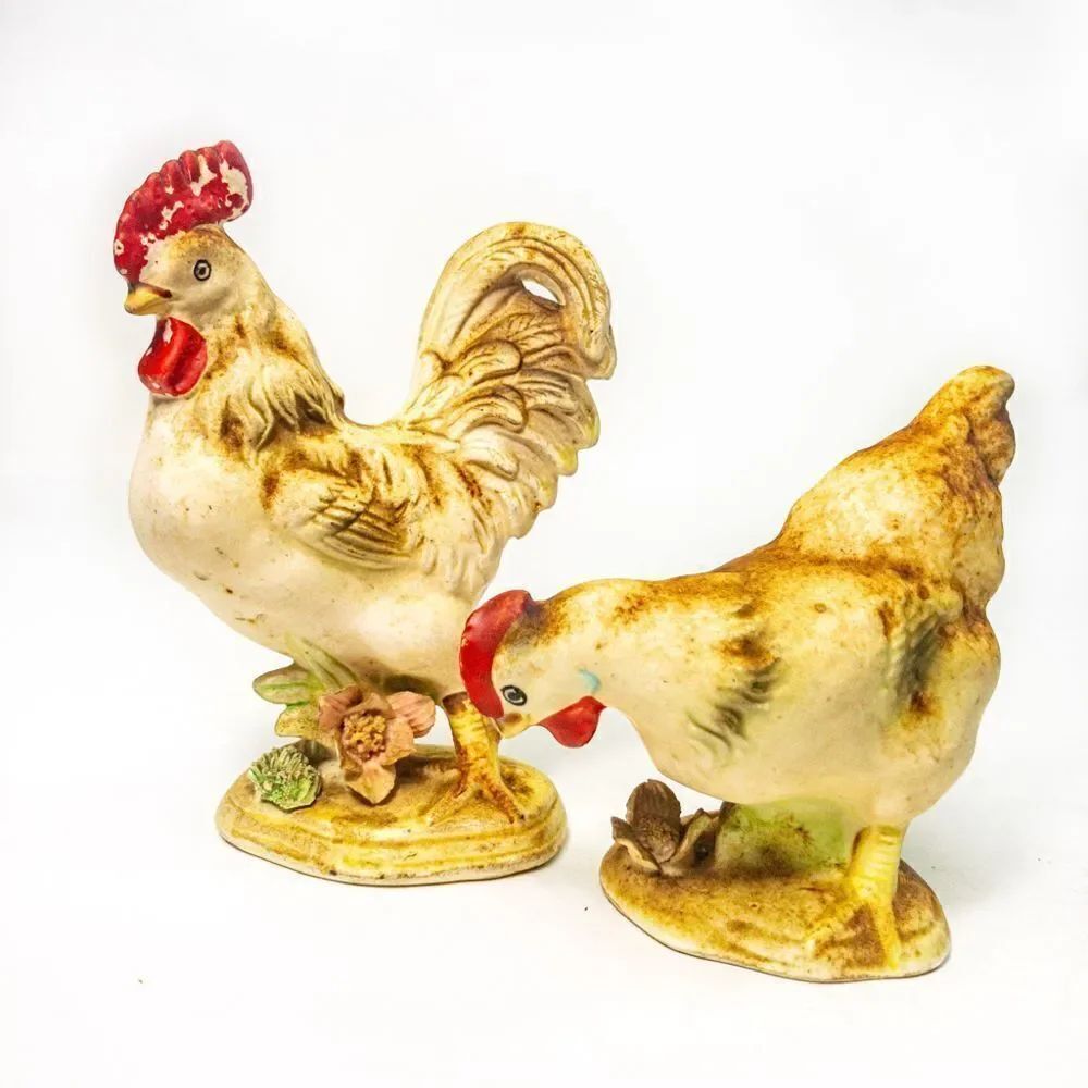 Vintage Pair Enesco Rooster & Hen Porcelain Figurines